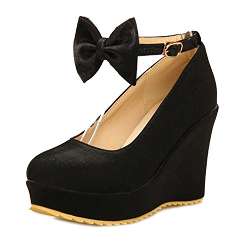 Smilice Damen Süß Keilabsatz Plateau Pumps mit Fesselriemen Bogen (Schwarz, 48 EU) von Smilice