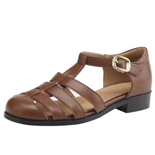 Smilice Damen Vintage Geschlossene Ledersandalen mit Runder Zehenpartie und Schnalle (Hellbraun,40) von Smilice