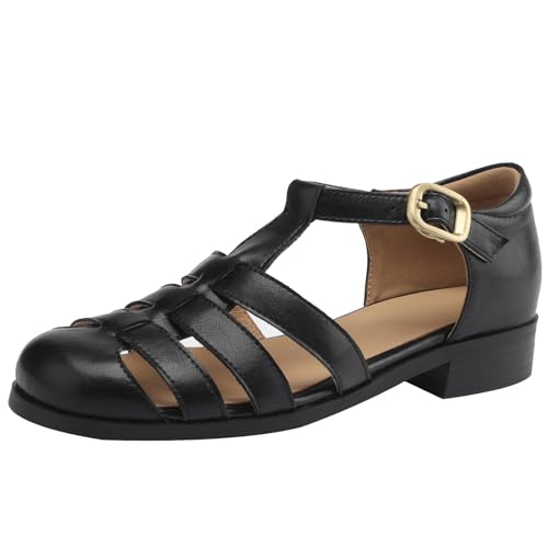 Smilice Damen Vintage Geschlossene Ledersandalen mit Runder Zehenpartie und Schnalle (Schwarz,35) von Smilice