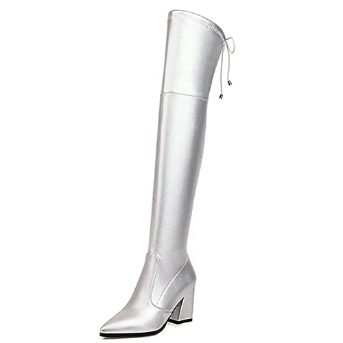 Smilice Damen über Kniehohe Stiefel mit Blockabsatz (Silber, 45 EU) von Smilice