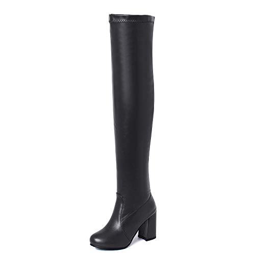 Smilice Damen über Kniehohe Stiefel mit Blockabsatz Langschaft Stiefel (Pu Schwarz, 50 EU) von Smilice