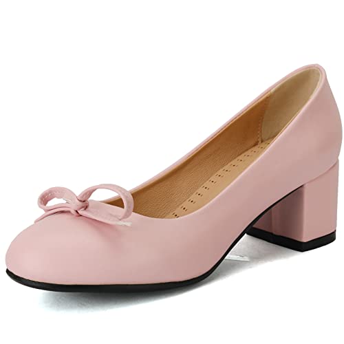 Smilice Einfache Damen-Pumps mit Mittlerem Blockabsatz und Schleifen Runde Zehen-Loafer (Pu Rosa, 39) von Smilice