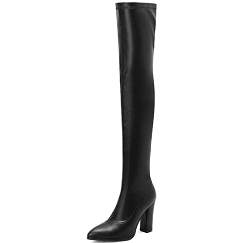 Smilice Frauen Blockabsatz Biker Stiefel Chunky Heel Over the Knee Stiefel Winter Lange Stiefel mit Seitlichem Reißverschluss (Schwarz, 38) von Smilice