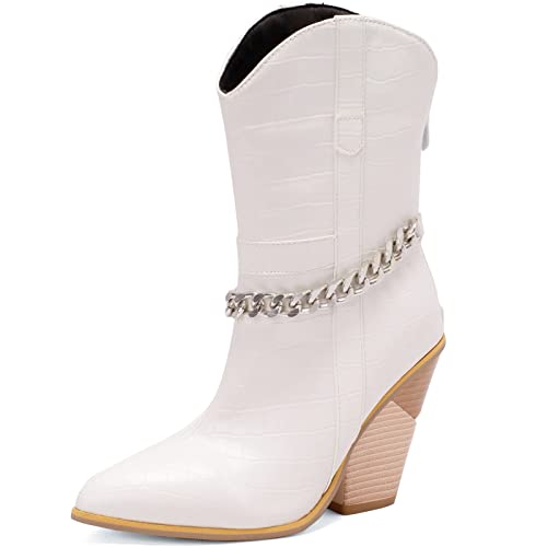 Smilice Frauen Keilabsatz Cowboy kurze Stiefel Zurück Reißverschluss Stiefel mit Kette (Weiß, 37) von Smilice