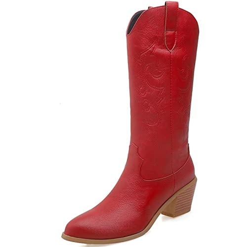 Smilice Frauen Schlüpfen auf Langen Stiefeln Bestickte Cowboy Stiefel Knie hohe Stiefel mit Block Absatz (Rot, 36) von Smilice