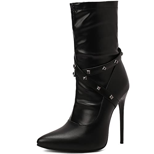 Smilice Frauen Super Stiletto Stiefeletten Spitzes Kleid Schuhe Seite Reißverschluss Stiefeletten mit Niete (Pu Schwarz, 42) von Smilice