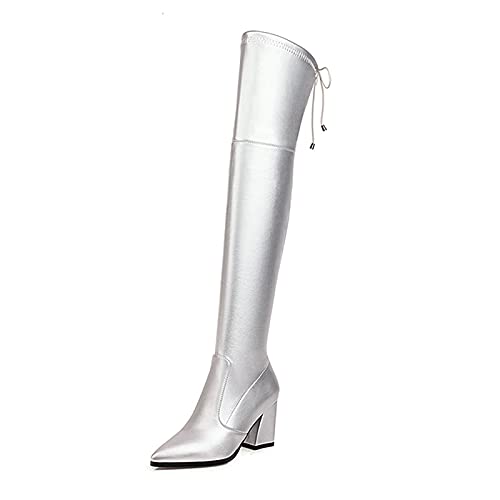 Smilice Frauen Zeige Zehe über dem Knie Stiefel Stiletto Stiefel Chunky Heel Lange Stiefel (Silber,38) von Smilice