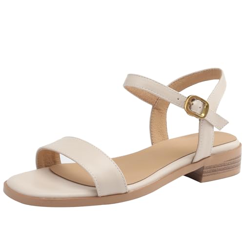 Smilice Lässige Ledersandalen mit Flachem Absatz und Offener Zehenpartie für Damen (Beige,34) von Smilice