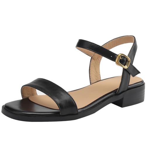 Smilice Lässige Ledersandalen mit Flachem Absatz und Offener Zehenpartie für Damen (Schwarz,34) von Smilice