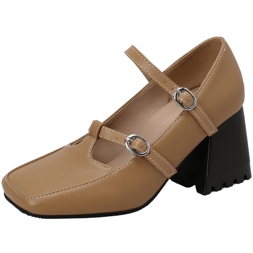 Smilice Mary Jane Schuhe für Damen mit Quadratischer Zehenpartie Pumps mit Blockabsatz und Verstellbarer Schnalle (Hellbraun,38) von Smilice