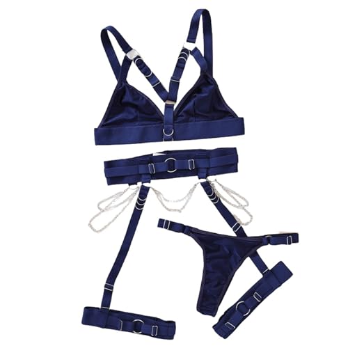 Smilice Paarzeit Dessous-Set Damen 4-teilig Bodysuit Strumpfhalter Push-Up Korsett (Dunkelblau, S) von Smilice