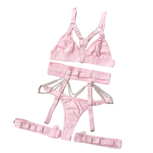 Smilice Paarzeit Dessous-Set Damen 4-teilig Bodysuit Strumpfhalter Push-Up Korsett (Helles Rosa, S) von Smilice