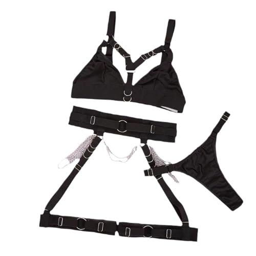 Smilice Paarzeit Dessous-Set Damen 4-teilig Bodysuit Strumpfhalter Push-Up Korsett (Schwarz, L) von Smilice