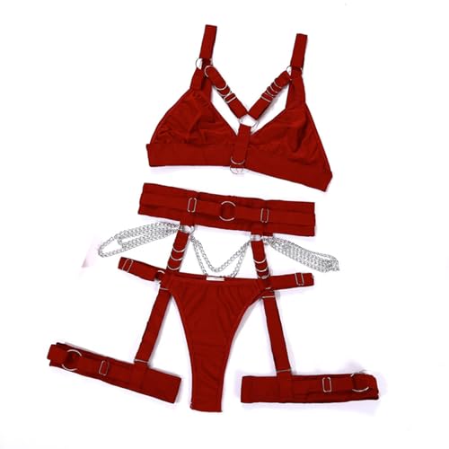 Smilice Paarzeit Dessous-Set Damen 4-teilig Bodysuit Strumpfhalter Push-Up Korsett (Weinrot, S) von Smilice