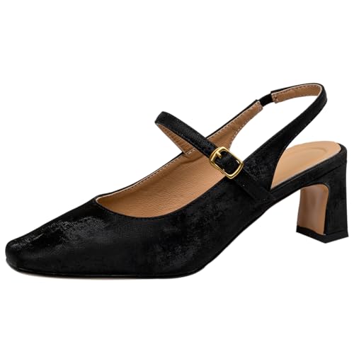 Smilice Pumps aus Leder mit Quadratischer Zehenpartie für Damen und Klobigen Absatz (Schwarz,32) von Smilice