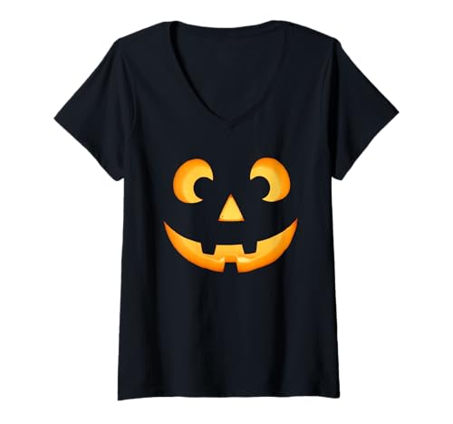 Damen Happy Pumpkin Smile Halloween Jack O Laternengesicht für Herren und Damen T-Shirt mit V-Ausschnitt von Smiling Pumpkin Happy Halloween Costume