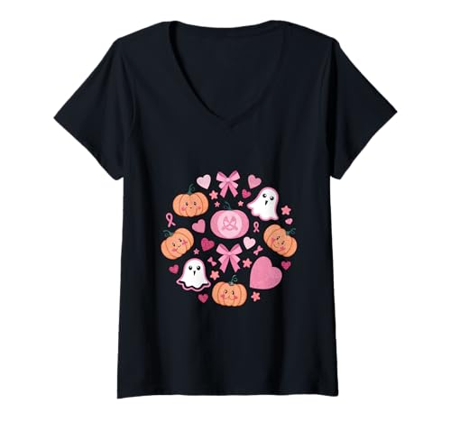 Damen Niedliche rosa Halloween lächelnde Kürbisse und Geister Unterstützung T-Shirt mit V-Ausschnitt Damen Niedliche rosa Halloween lächelnde Kürbisse und Geister Unterstützung T-Shirt mit V-Ausschnitt von Smiling Pumpkins Pink Ribbon Halloween Design