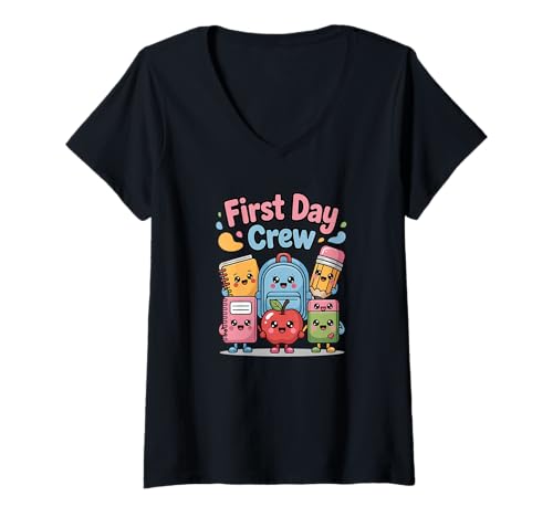 Damen First Day Crew Süße Lehrerin für Schulanfang T-Shirt mit V-Ausschnitt Damen First Day Crew Süße Lehrerin für Schulanfang T-Shirt mit V-Ausschnitt von Smiling School Supplies First Day Teacher