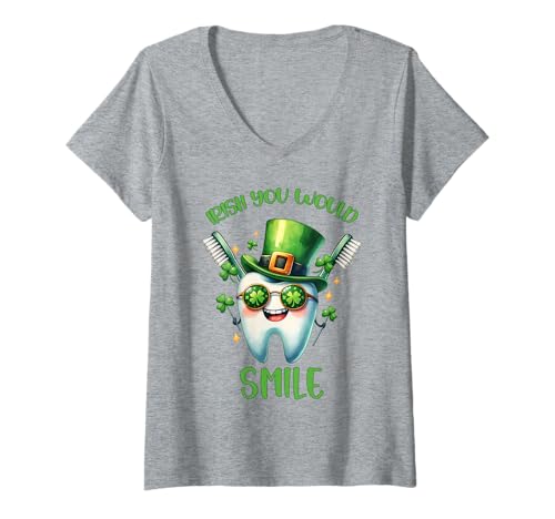 Damen Lustiges St. Patrick's Day Dental Themed T-Shirt mit V-Ausschnitt von Smiling Shamrock Tees