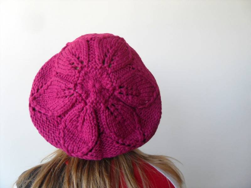 Handgestrickte Hut Himbeere Slouchy Gerippchen Chunky Süße Hut, Mütze, Mesh Beret, Frühling Mode Fuchsia Rot Winter Zubehör Teamt von SmilingKnitting
