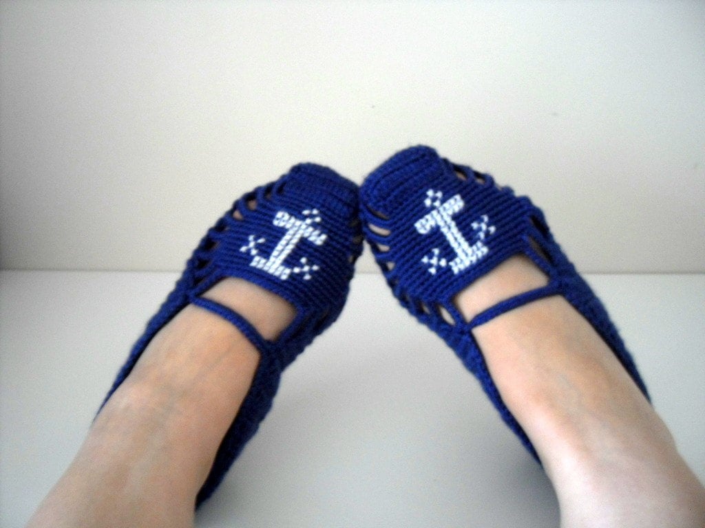 Verkauf Matrosen Startseite Hausschuhe Anker Meer - Marineblau Und Weiß Winter Washion Hand Bestickt Häkeln Pantoffeln von SmilingKnitting