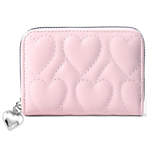 Sminra Kreditkartenetui, kleine RFID-Karten-Geldbörse für Damen, schlankes Leder-Organizer-Etui mit Reißverschluss, 02-Baby Pink, Kartenhalter in Herzform von Sminra