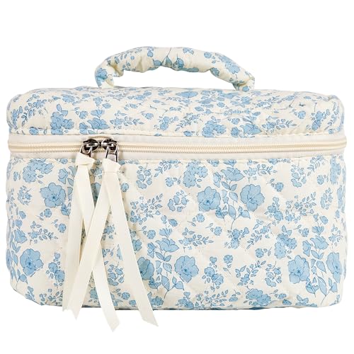 Sminra Make-up-Tasche, groß, gesteppt, Kosmetiktasche, Organizer, Blumenmuster, Baumwolle, Kokette, ästhetischer Kulturbeutel für Damen und Mädchen, Blaues Blumenmuster, Größe L, Blumenmuster von Sminra