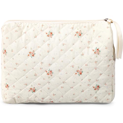 Sminra Make-up-Tasche, groß, gesteppt, Kosmetiktasche, Organizer, Blumenmuster, Baumwolle, Kokette, ästhetischer Kulturbeutel für Damen und Mädchen, Gartenblumen, Blumenmuster von Sminra