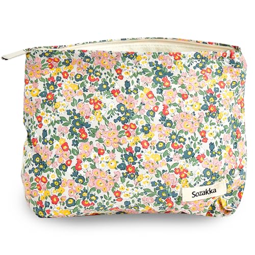 Sminra Make-up-Tasche Kosmetiktasche Preppy Canvas Kulturbeutel für Frauen Niedliche Reißverschlusstasche Organizer Reisezubehör, Gartenblumen-Rosa, Large, Niedlich, ästhetisch von Sminra