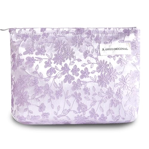 Sminra Make-up-Tasche Kosmetiktasche Preppy Canvas Kulturbeutel für Frauen Niedliche Reißverschlusstasche Organizer Reisezubehör, Lila Kleine Blumen, Large, Niedlich, ästhetisch von Sminra