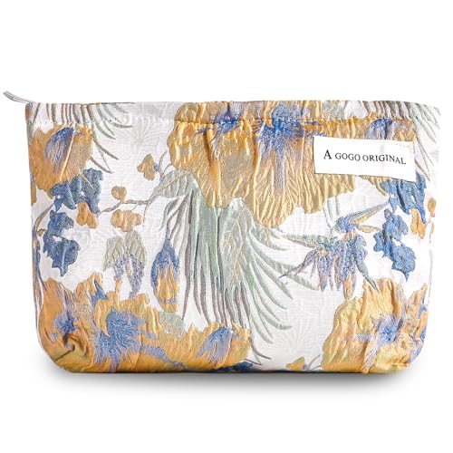 Sminra Make-up-Tasche, Kosmetiktasche, adretter Leinen-Kulturbeutel für Damen, niedlicher Reißverschluss, Reisezubehör, Relief Goldene Blumen, Large, Niedlich, ästhetisch von Sminra