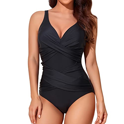 Smismivo Badeanzug Damen Bauchweg Push Up Shape Schwimmanzug mitBügel Retro Schlankheits Raffung Einteilige Bademode Swimsuits for Women One Piece Swimming Suits Badekleid (schwarz schwarzer) von Smismivo