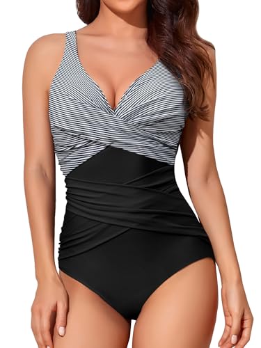 Smismivo Badeanzug Damen Bauchweg Push Up Shape Schwimmanzug mitBügel Retro Schlankheits Raffung Einteilige Bademode Swimsuits for Women One Piece Swimming Suit Badekleid (Schwarzes weißes Streifen) von Smismivo