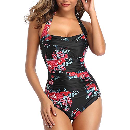 Smismivo Badeanzug Damen Bauchweg Große Größen Push Up Schwimmanzug mit Retro Schlankheits Raffung Vintage Einteilige bademode Swimsuits for Women von Smismivo