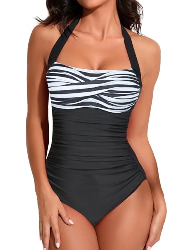 Smismivo Badeanzug Damen Bauchweg Große Größen Push Up Schwimmanzug mit Retro Schlankheits Raffung Vintage Einteilige bademode Swimsuits for Women von Smismivo