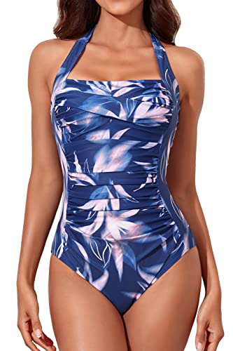 Smismivo Badeanzug Damen Bauchweg Push Up Schwimmanzug mit Retro Schlankheits Raffung Vintage Einteilige bademode Swimsuits for Women von Smismivo