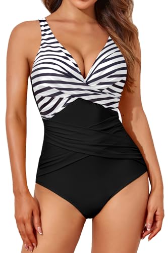 Smismivo Badeanzug Damen Bauchweg Push Up Shape Schwimmanzug mit Bügel Retro Schlankheits Raffung Einteilige Bademode Große Größen Swimsuits for Women Swimming Suits Badekleid (Black Stripe Top) von Smismivo