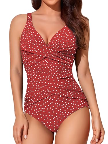 Smismivo Badeanzug Damen Bauchweg Push Up Shape Schwimmanzug mitBügel Retro Schlankheits Raffung Einteilige Bademode Große Größen Swimsuits for Women One Piece Swimming Suits Badekleid (Roter Punkt) von Smismivo