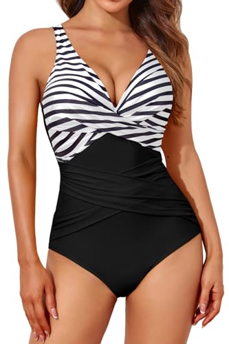 Smismivo Badeanzug Damen Bauchweg Push Up Shape Schwimmanzug mitBügel Retro Schlankheits Raffung Einteilige Bademode Swimsuits for Women One Piece Swimming Suits Badekleid (Black Stripe Top) von Smismivo