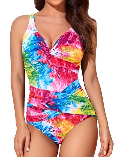 Smismivo Badeanzug Damen Bauchweg Push Up Shape Schwimmanzug mitBügel Retro Schlankheits Raffung Einteilige Bademode Swimsuits for Women One Piece Swimming Suits Badekleid (Color Tie Dye Bunt) von Smismivo