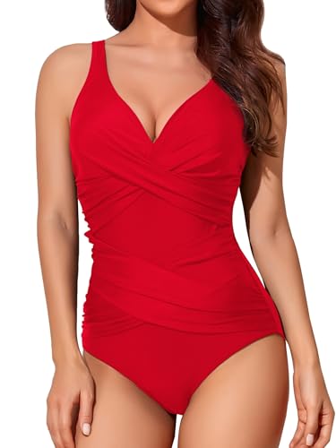 Smismivo Badeanzug Damen Bauchweg Push Up Shape Schwimmanzug mitBügel Retro Schlankheits Raffung Einteilige Bademode Swimsuits for Women One Piece Swimming Suits Badekleid (rot roter) von Smismivo