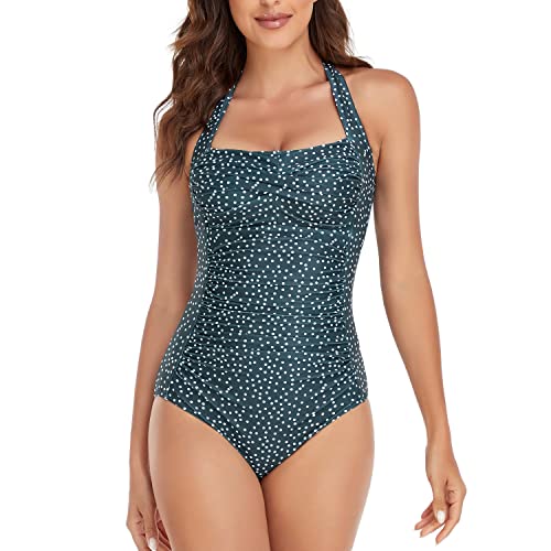 Smismivo Badeanzug Damen Bauchweg Push Up Schwimmanzug mit Retro Schlankheits Raffung Vintage Einteilige bademode Swimsuits for Women von Smismivo