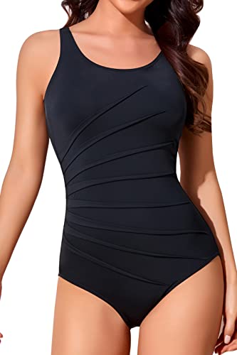 Smismivo Damen Sport Einteiliger Badeanzug U Ausschnitt Bauchweg Badeanzüge Bademode Schwimmanzug High Neck Raffung Swimsuits for Women （Schwarz von Smismivo