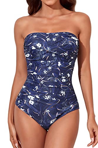 Smismivo Trägerloser Einteiliger Damen Badeanzugmit Bandeau Retro Bauchweg Schwimmanzug für Damen Vintage Ruched Einteilige Bademode Swimsuit von Smismivo