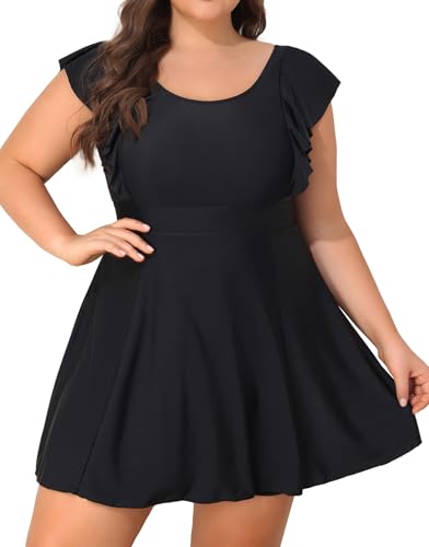 Smismivo Badekleid Große Größen Bauchweg mit Short und Cup Badeanzug Damen Bademode Modest Swimwear Rüschen Swim Dress Push up Swimsuit Schwarz XXXL von Smismivo