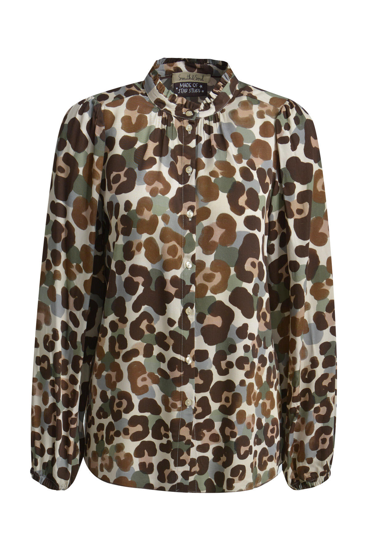 Smith&Soul - Ruffle Neck Blouse choco print - Gr. - L von Smith&Soul