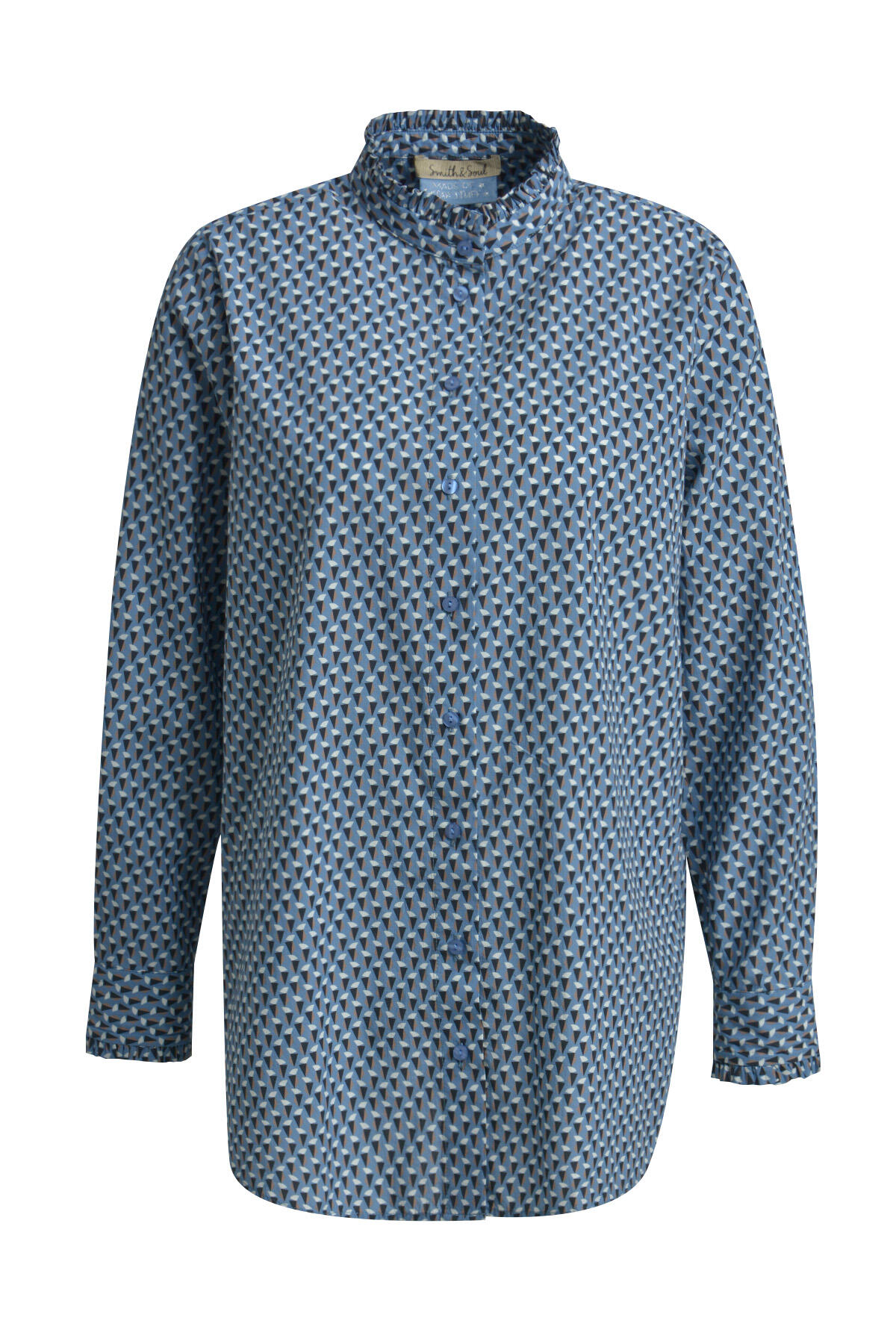 Smith&Soul - Ruffle Neck Stand Collar Blouse bleu print - Gr. - M von Smith&Soul