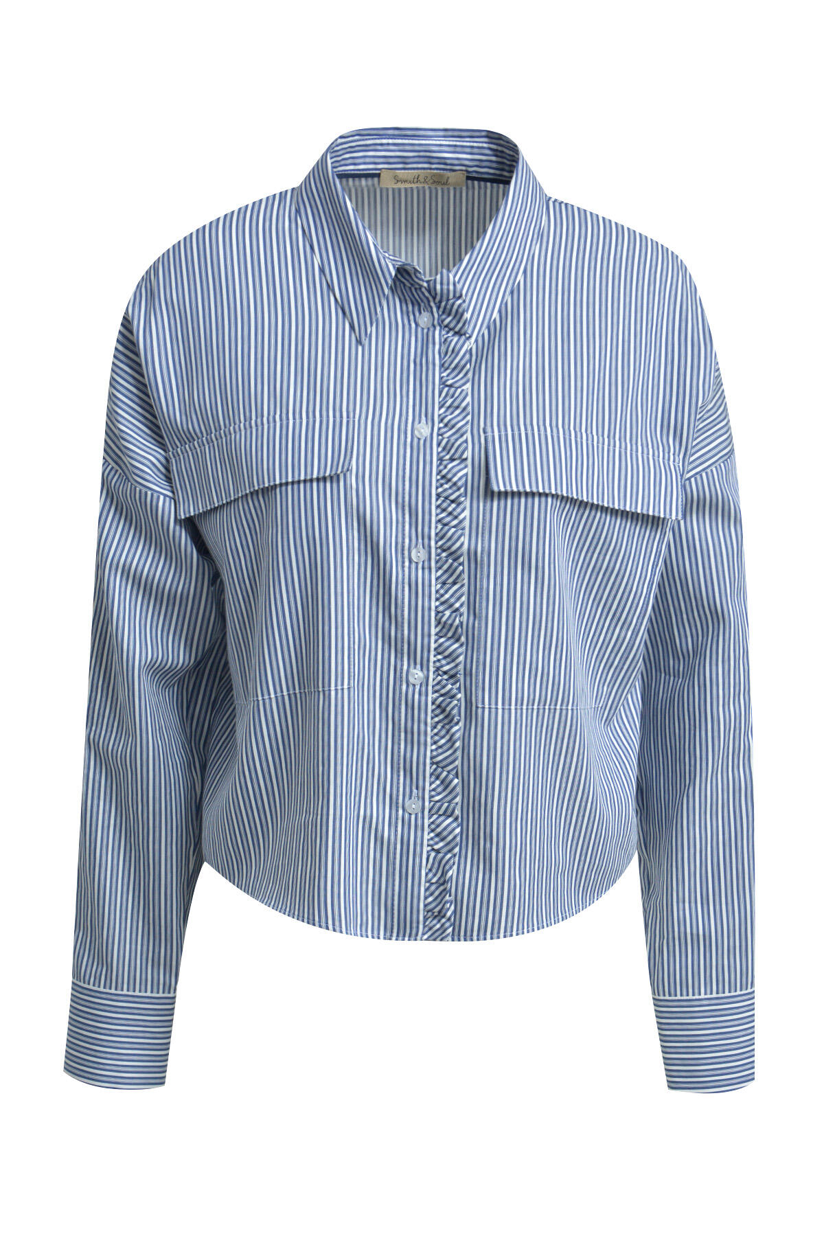 Smith&Soul - Striped Boxy Blouse with Ruffle Edge dark denim print - Gr. - L von Smith&Soul