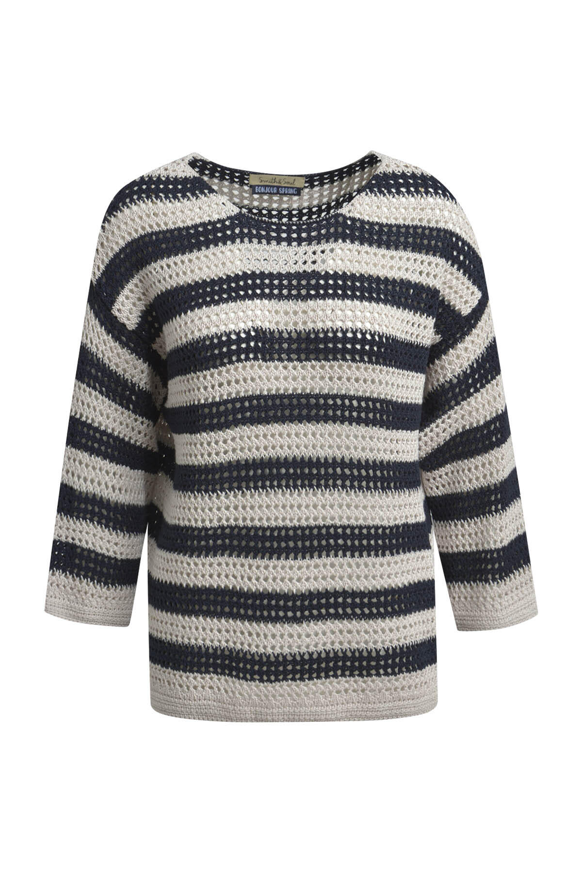 Smith&Soul - Striped Crochet Round Neck Pullover marine print - Gr. - M von Smith&Soul