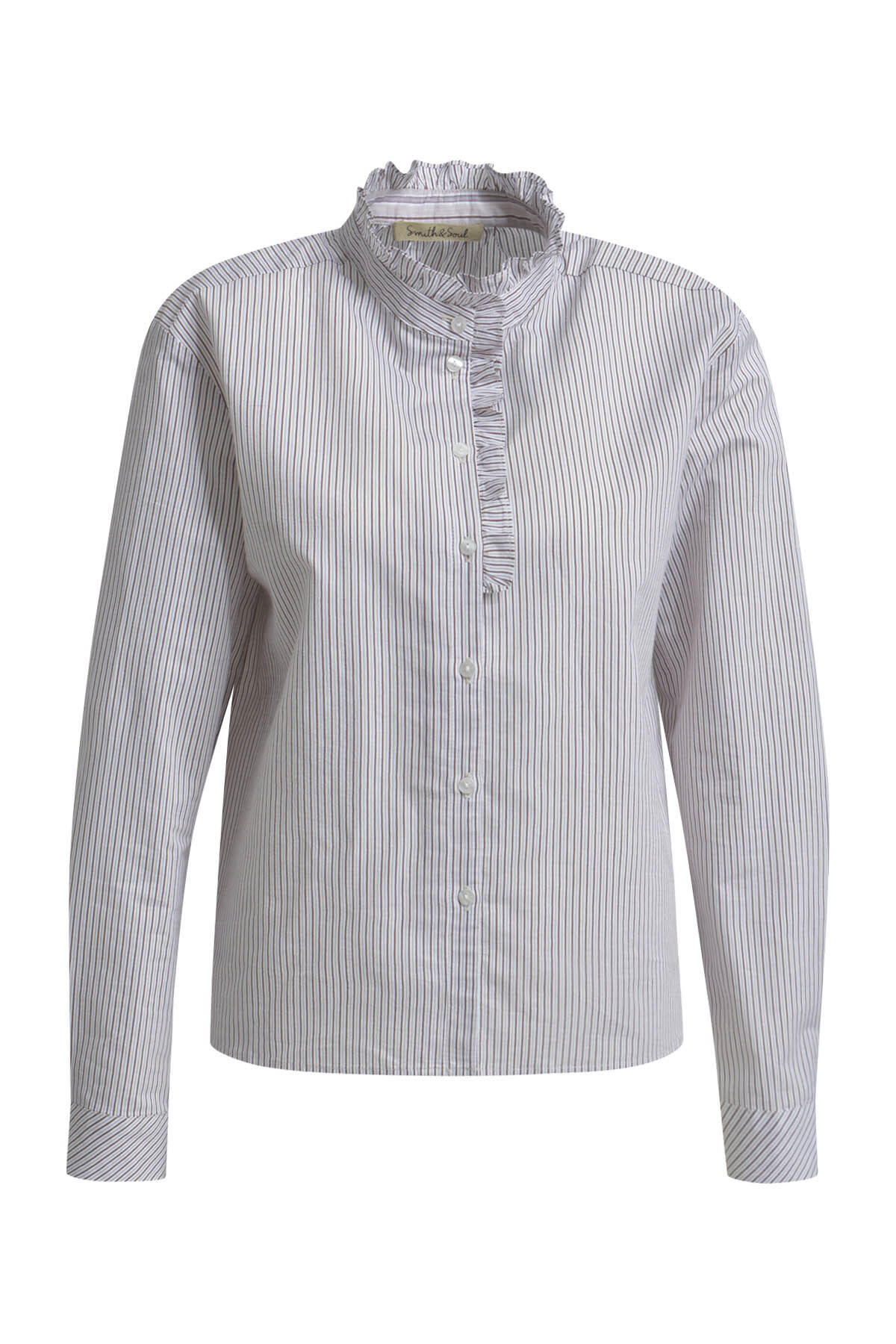 Smith&Soul - Striped Cropped Blouse with Ruffles choco print - Gr. - S von Smith&Soul